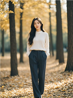 秋天树林长袖衬衫黑色西装裤美女图片